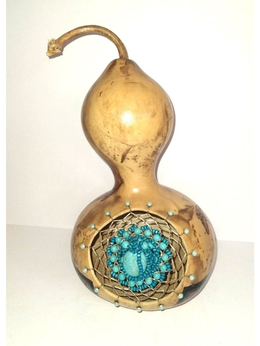 Southwest Western Gourd Art Galloping Horse Painted Turquoise Bead Dream Catcher